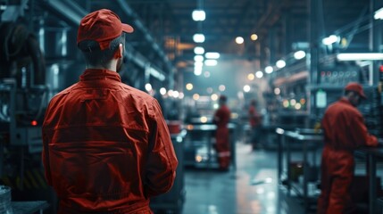 A factory operator in red overalls is supervising a production line that has been enhanced with AI technology.