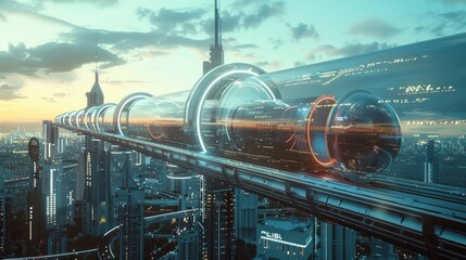 Above the metropolitan skyline, a network of elevated hyperloop tubes crisscrosses, with capsules zooming by at breathtaking speeds, connecting distant parts of the city in mere minutes. - obrazy, fototapety, plakaty