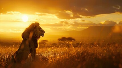 Bathed in the golden hues of sunset, a majestic lion gazes into the distance, its portrait capturing the sprawling savanna and silhouetted mountains in the background.