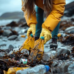 A volunteer collects garbage on a muddy beach. Close-up. The concept of Earth Day. Generative AI
