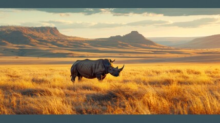 In the savanna, a solitary rhinoceros stands tall, the grasses swaying gently in the evening breeze, against the backdrop of a sun-kissed mountain range.