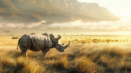 In the savanna, a solitary rhinoceros stands tall, the grasses swaying gently in the evening breeze, against the backdrop of a sun-kissed mountain range. - Powered by Adobe