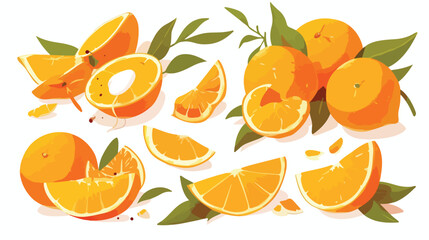 Fresh whole orange with slice and segment of fruit.