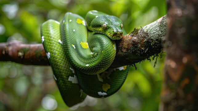 In the rainforest, an arboreal emerald tree boa is coiled around a tree branch.