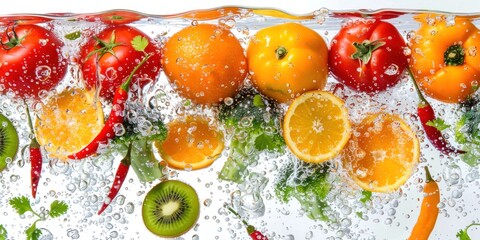 Tomato, oranges, bell pepper, red chili, kiwi, broccoli, eggplant, banana, red capbage, falling into the water, high speed, isolate on white background,