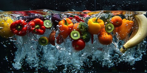 Tomato, oranges, bell pepper, red chili, kiwi, broccoli, eggplant, banana, red capbage, sinking in water tank,