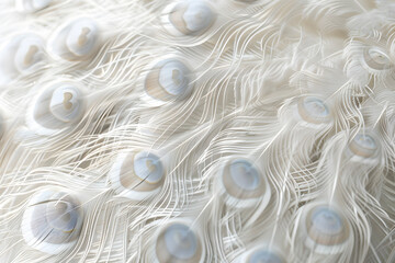 Exotic background of white peacock feathers. Peacock feathers background. White peacock feathers closeup. © Maryna