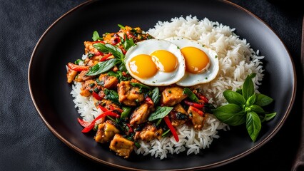 Thai chicken with basil, fried egg and a side dish of jasmine rice.