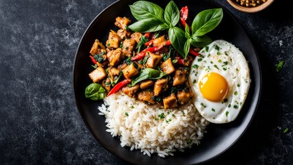 Thai chicken with basil, fried egg and a side dish of jasmine rice.
