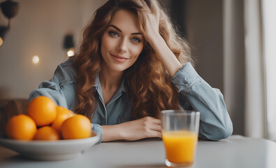 Happy young woman with expressive eyes drinking orange juice