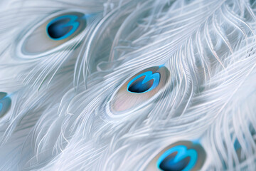 Exotic background of white peacock feathers. Peacock feathers background. White peacock feathers closeup. © Maryna