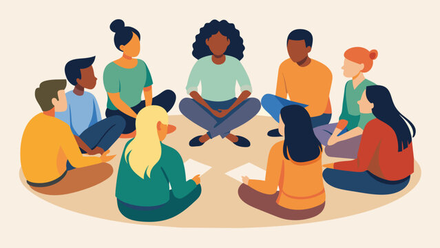 In a community center a diverse group of young people sit in a circle listening carefully to each others perspectives on the importance of freedom and. Vector illustration