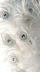 Obraz premium Exotic background of white peacock feathers. Peacock feathers background. White peacock feathers closeup.