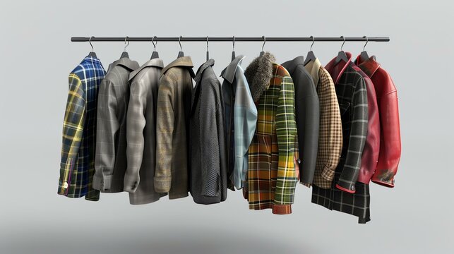 A clothes rack with a variety of men's jackets and coats. The jackets are of different styles, colors, and materials.
