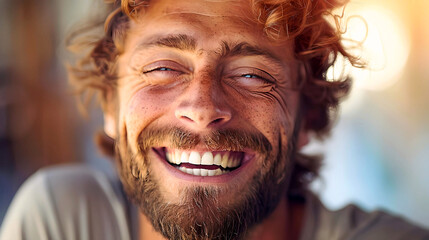 A man with a sunlit beard and tousled hair laughs wholeheartedly, his eyes twinkling with joy.

