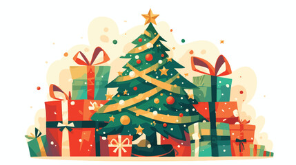 Cartoon christmas tree with gift boxes. Xmas vector