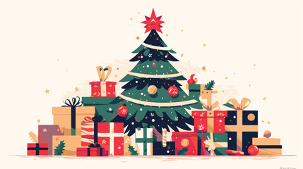 Cartoon christmas tree with gift boxes. Xmas vector