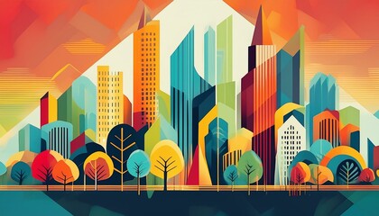 Skyline with towers, colorful flat illustration.