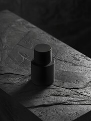 men's perfume bottle with a clean and austere design on a plain, matte black background. Mockup for design