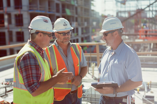 tres trabajadores de la construcci&oacute;n con cascos, gafas de protecci&oacute;n y chalecos de seguridad, hablando a pie de obra, sobre fondo desenfocado de edificio en construcci&oacute;n