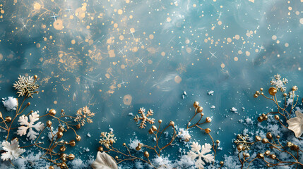 Fototapeta na wymiar Glistening snowflakes dance, light teal and gold unite, creating an ethereal winter canvas, captivating hearts with nature's artistry.
