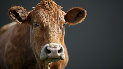 A close-up of a cow's face. The cow is looking at the camera with a curious expression. Its fur is brown and its eyes are dark brown.