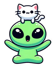 Obraz premium Adorable Kawaii Illustration of a Green Alien with Sparkling Eyes and a White Cat on Its Head