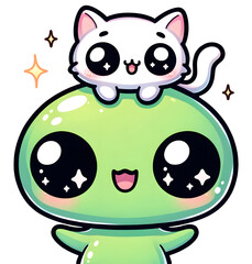 Adorable Kawaii Illustration of a Green Alien with Sparkling Eyes and a White Cat on Its Head