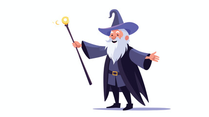 Fototapeta na wymiar Funny gray haired wizard with witchery cane pronoun