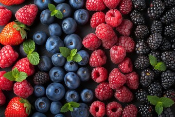 A close up of a variety of berries including including, raspberries, and blackberries