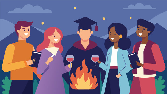 A group of high school friends now adults sharing stories of their trials and triumphs over glasses of wine and the crackle of a firepit.. Vector illustration
