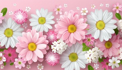 Several white and pink flowers - daisies, chrysanthemums, cherry blossom, on a seamless pastel pink background. Top view. Flat lay. Copy space 