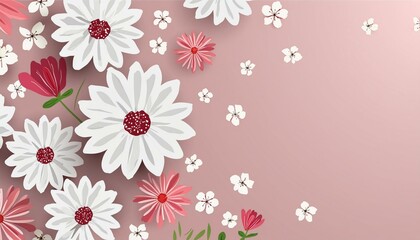 Several white and pink flowers - daisies, chrysanthemums, cherry blossom, on a seamless pastel pink background. Top view. Flat lay. Copy space 