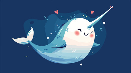 Funny smiling narwhal isolated on dark background.