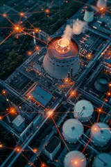 a cooling tower nuclear power station with icons of atoms with molecules and chemical element , symbols, in the style of bokeh panorama
