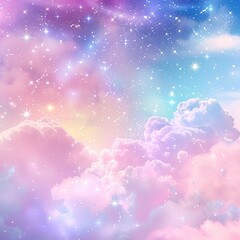 Rainbow unicorn pastel background with glitter stars. Pink fantasy sky