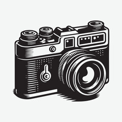 A Camera retro style foto black & white vector. Vintage camera hand drawn ink sketch. Engraved style vector illustration