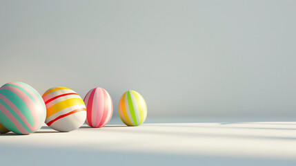 A row of four Easter eggs in pastel colors with stripes. The eggs are sitting on a solid white...