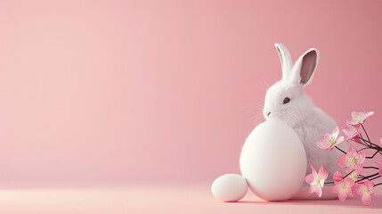 Cute and fluffy white bunny rabbit sitting beside a large white Easter egg.