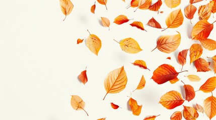 Falling autumn leaves on a white background. The leaves are in various shades of orange, red, and yellow.