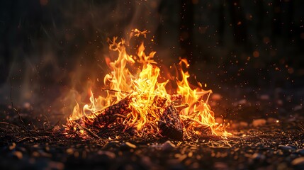A bonfire burns brightly in the night, casting a warm glow on the surrounding trees. The flames dance and flicker, creating a mesmerizing display.