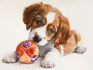 Cavalier Puppy With Toy Watercolor Art - obrazy, fototapety, plakaty
