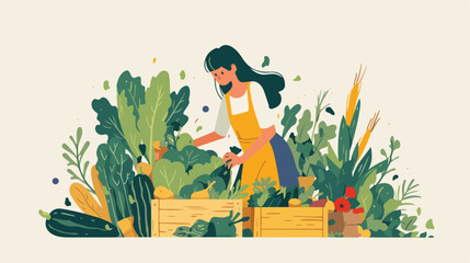Girl collecting harvest in containers flat vector i - obrazy, fototapety, plakaty