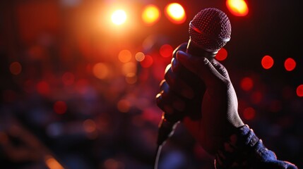 A hand is holding a microphone in front of a bright stage with red and orange lights.