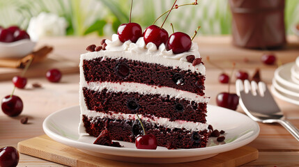 A slice of decadent black forest cake bursting with cherry goodness.