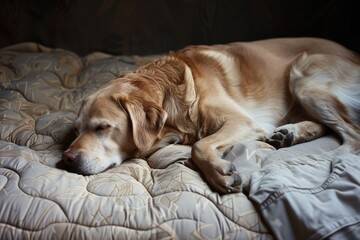 Sleepy yellow labroador lazily blinks sleeping on blanket, close-up. Beautiful simple AI generated image in 4K, unique.