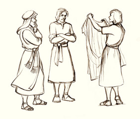 Pencil drawing. The seller shows the fabric to the customers