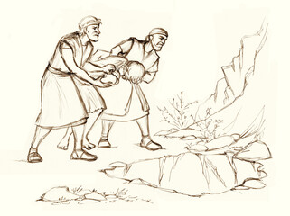 Fototapeta na wymiar Pencil drawing. Joseph's brothers throw him into a pit