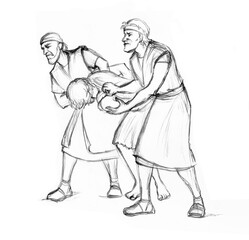 Pencil drawing. The men caught the guy and are leading him