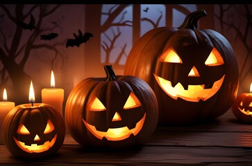 Glowing Halloween Jack-O'-Lantern on Rustic Table